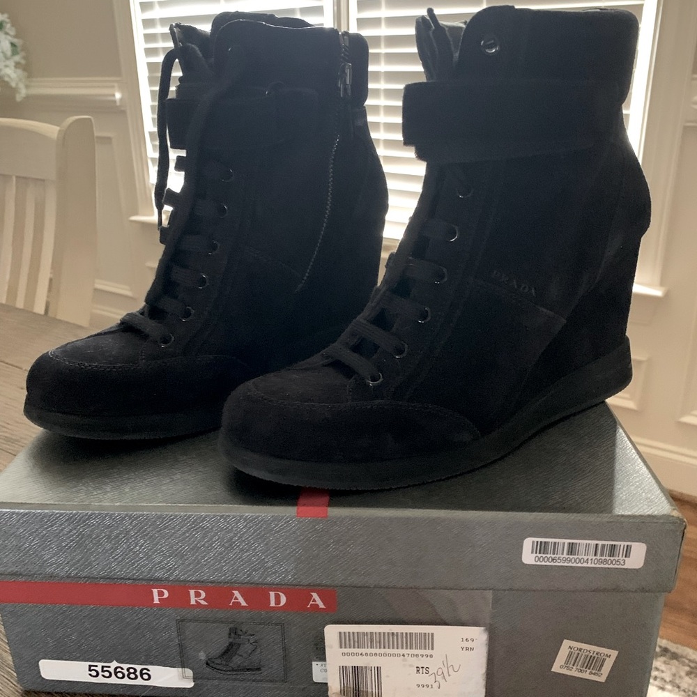 Prada Suede Wedge High Top Sneaker, Black 39.5